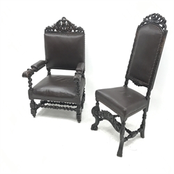 Jacobean style oak library chair, floral carved and pierced cresting rail, upholstered back seat and arms, barley twist supports (W68cm) and a similar oak hall chair, carved cresting rail and supports, upholstered back and seat (W52cm)