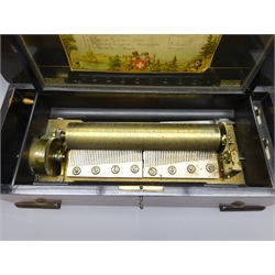  Late 19th century Swiss music box the ebonised and cross-banded case inlaid with musical trophies to the hinged lid enclosing  a glass covered movement with 28cm brass barrel playing eight airs on two steel combs with total of seventy-six teeth, original song card under lid, serial no.10985, L50cm  