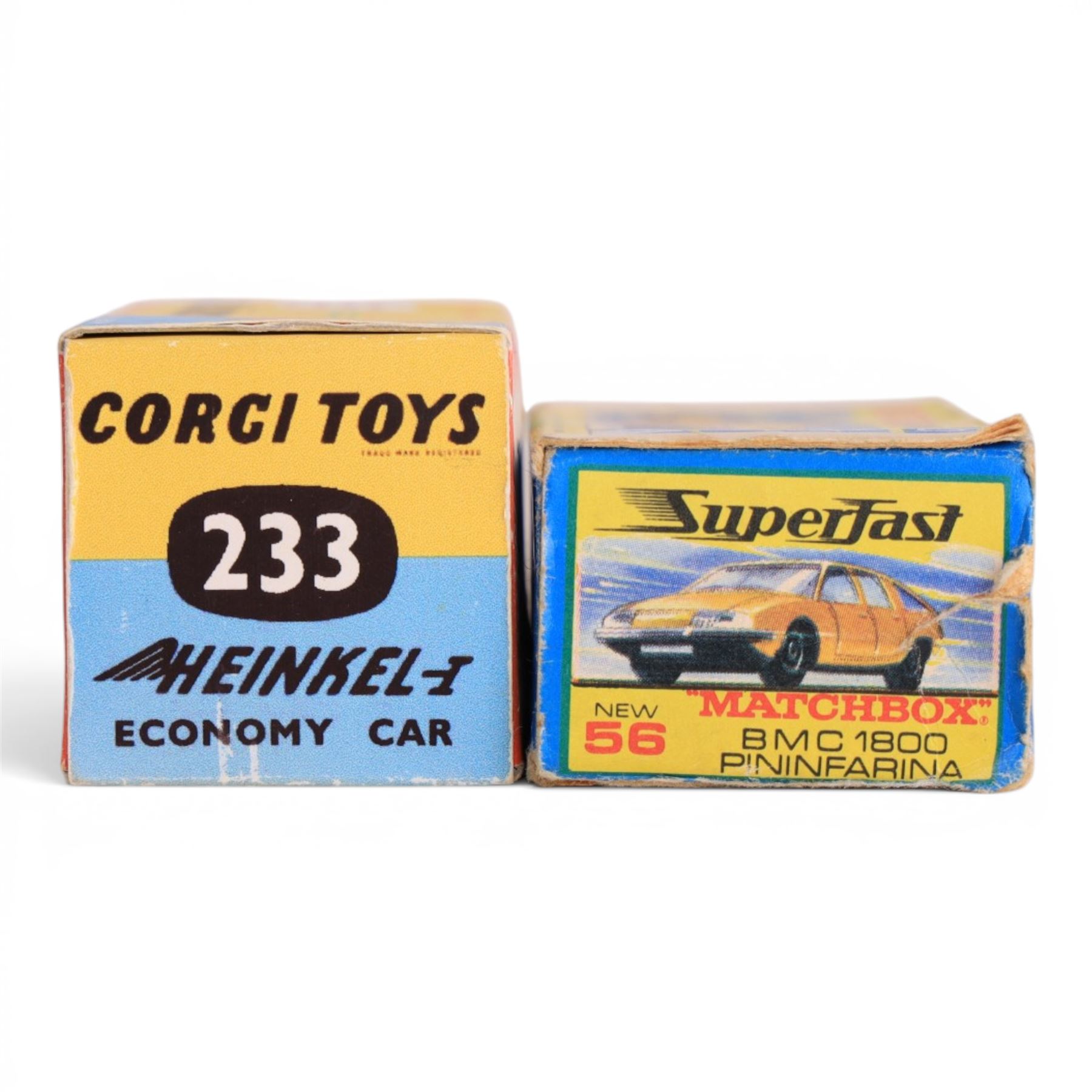 Eight diecast model cars, comprising Corgi Toys no. 233 Heinkel Economy Car with orange body, two Matchbox Superfast examples no. 56 BMC 1800 Pininfarina and no. 68 Porsche 910m two Matchbox Series Moko Lesney examples no. 54 and no. 73 and three Matchbox examples no. 27 Mercedes Benz 230SL, no. 38 Camper and no. 17 The Londoner, all boxed