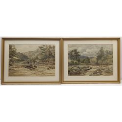 Cecil Thomas Hodgkinson (British 1895-1979): Serene Loch Landscapes, pair watercolours signed 33cm x 48cm; English School (19th/20th century): Waterfalls, pair watercolours unsigned 33cm x 48cm (4)