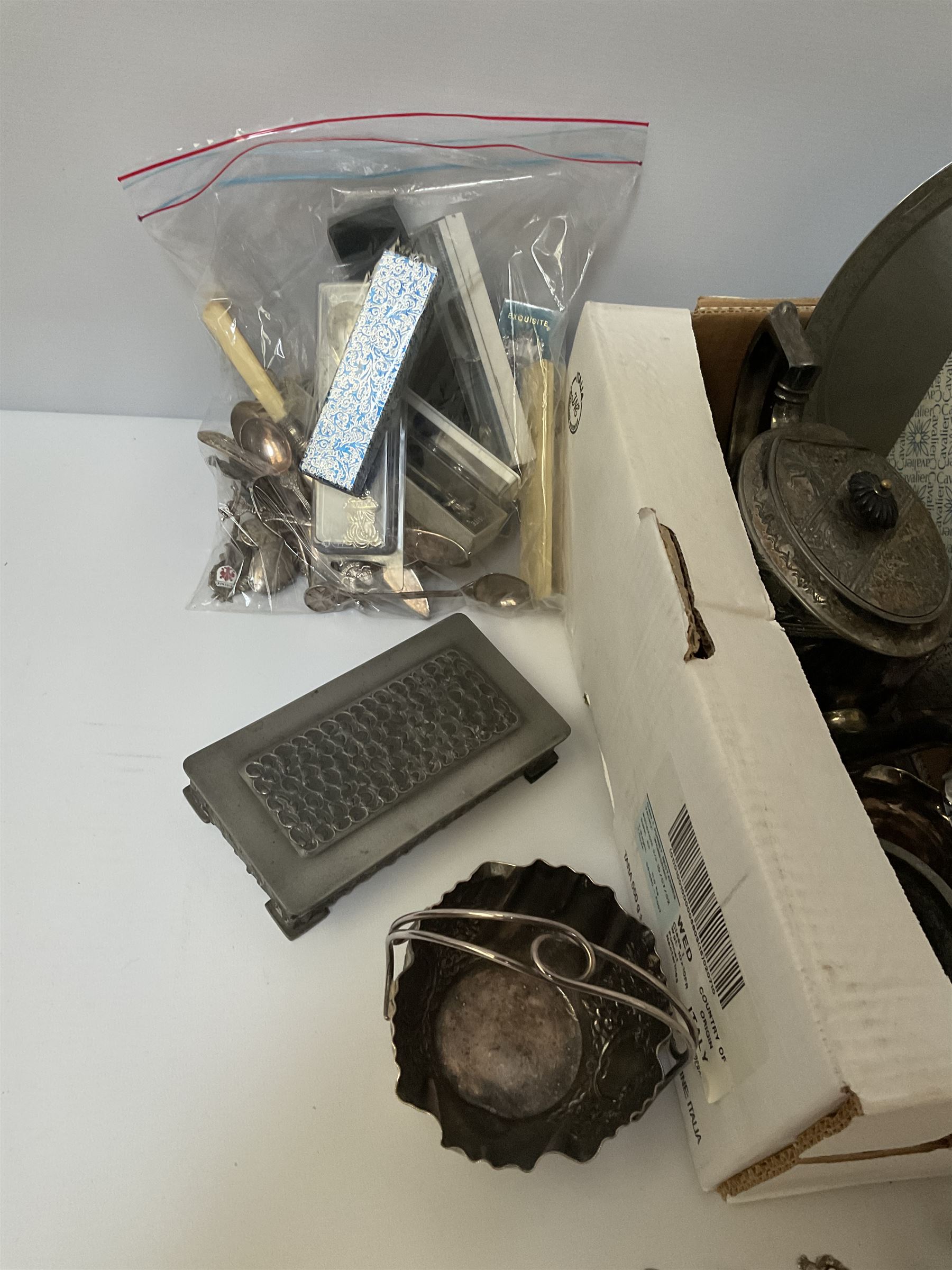 Quantity of silver thimbles and teaspoons, various hallmarks and stamps, and a quantity of other silver plate and metalware