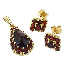 Pair of 18ct gold garnet cluster stud earrings and a 14ct gold garnet cluster pendant, tested or stamped 