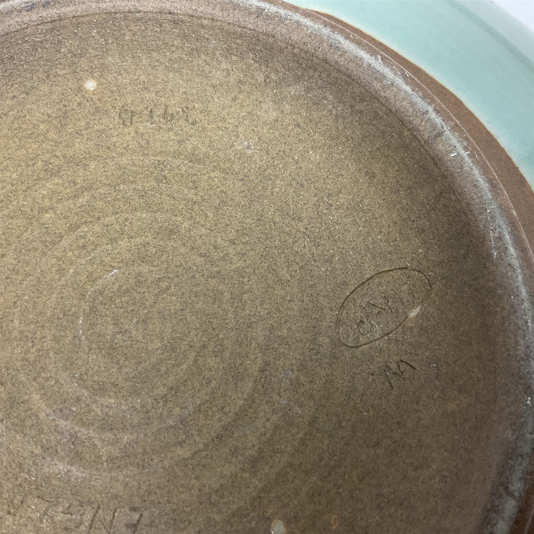 Agnete Hoy (1914-2000): Bullers studio pottery celadon glazed bowl, the interior with incised decoration depicting a Mermaid, D28.5cm