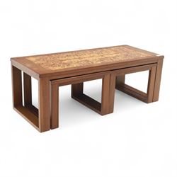 Mid-20th century ‘Long John’ teak nest of coffee tables, rectangular form with ceramic tile inset top, enclosing two smaller square tables with matching tile decoration
