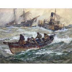 Joseph Richard Bagshawe (Staithes Group 1870-1909): Steam Tug bringing in Distressed Sailing Vessel Whitby Coble in the Foreground, watercolour heightened in white signed 52cm x 69cm