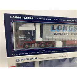 Corgi - three limited edition 1:50 scale heavy haulage vehicles comprising CC12221 Scania 4 Series Curtainside British Sugar; CC12911 Scvania Topline Curtainside Knights of Old 50yth Anniversary; and CC13202 DAF XF Space Cab Curtainside J. Long & Sons (Haulage) Ltd. Leeds; all boxed (3)