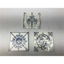 Collection of 19th century tiles, to include set of four ornate floral examples in yellow, cream and brown, three stamped 'Mafeking', Minton Hollins & Co blue and white tile, other blue and white, ornately decorated coloured examples etc , H15cm W15cm (12)