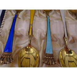 Set of six Danish silver-gilt harlequin enamel demitasse spoons with crown finials, by Egon Lauridsen, stamped ELA Denmark Sterling 925S, in fitted case