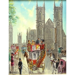  Westminster Abbey, London, 20th century oil on canvas signed by Reginald John Mitchell (1923-) 24.5cm x 19cm and pairn of prints after the same hand (3)  
