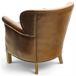 Halo - traditional tub design 'Cosy' club armchair, rolled arms with studwork terminals, upholstered in deep tan leather with loose seat cushion, on square supports
