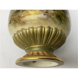 Early 20th century Royal Worcester vase decorated by Harry Davis, of ovoid form with twin acanthus mounted handles and waisted high neck supporting a domed cover, upon a circular foot, the body hand painted with sheep in a highland landscape, signed H Davis, with puce printed marks beneath including shape number 2425, and date code for 1907, H27.5cm