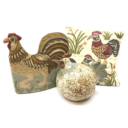  French studio pottery stylised globular chicken by Athezza H26cm, Crewel work tea cosy in the form of a Chicken and matching cushion (3)  