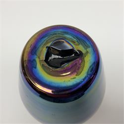 20th century studio glass vase, of baluster form with fluted rim, decorated in an iridescent green purple lustre, with unpolished pontle, H19cm