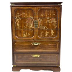 Late 20th century hardwood chest, five drawers with oriental style gilt decoration 