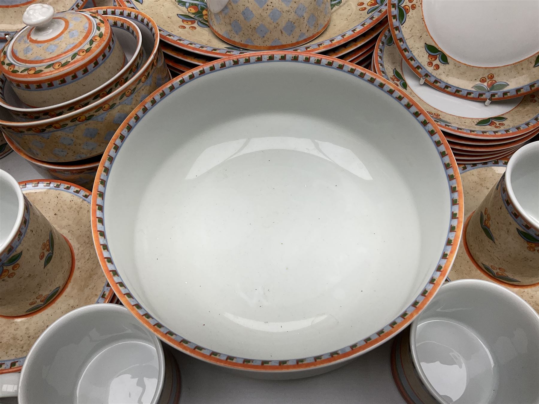 Villeroy & Boch Gallo design Switch 4 Naranja & Nazare pattern tea and dinner wares, to include seven dinner plates, twin handled lidded tureen, five mugs, four saucers, jug, lidded sucrier, large bowl,  seven ramekins, various side plates, two bowls etc