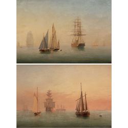 William Frederick Settle (British 1821-1897): A Morning Calm and an Evening Glow, pair oil on panels signed with monograms and dated 1884, 16.5cm x 24cm (2) 
Provenance: with M Newman Ltd, Duke St, St James' London, labels verso