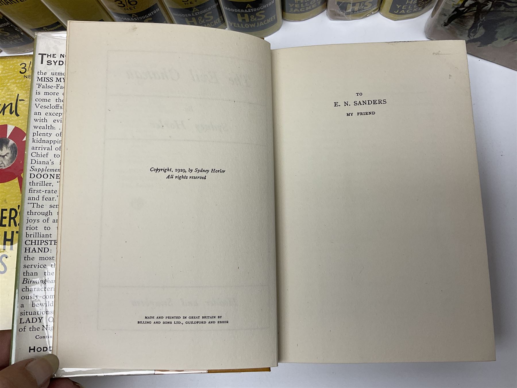 Collection of Hodder and Stoughton yellow jacket version books, to include Sydney Horler, George Goodchild, Dornford Yates, Leslie Charteris etc 