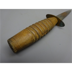  Two wooden handled Commando Knives, 16cm twin edged steel blade with brass cross guard, bold ribbed grip with sunken top retaining nut, L29.cm, leather scabbard engraved with South Sea Campaigns incl. Madras, Chittacong, Sumatra, Calcutta etc, another 17.5cm twin edged blade with steel cross guard and bold ebonised grip scratched with initials DCH with sunken top retaining nut, leather scabbard marked DCH, PAH and NRH, L30cm (2)  