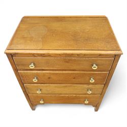 Mid-20th century elm chest, fitted with four long drawers with brass knop handles, the rectangular top with moulded edge, raised on bracket feet