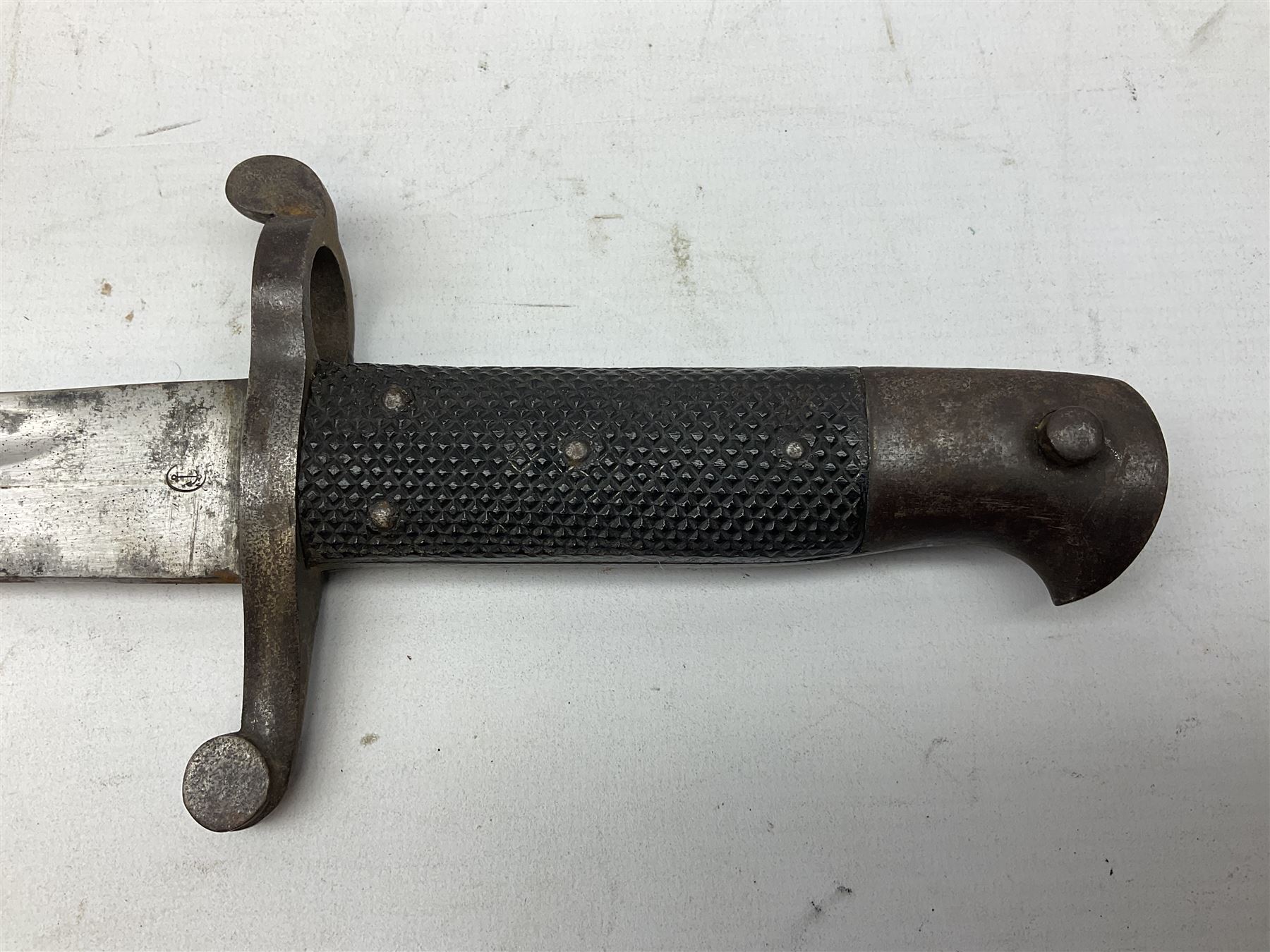 19th century Bayonet with 58cm fullered Yataghan shaped blade, stamped with anchor mark, with leather scabbard