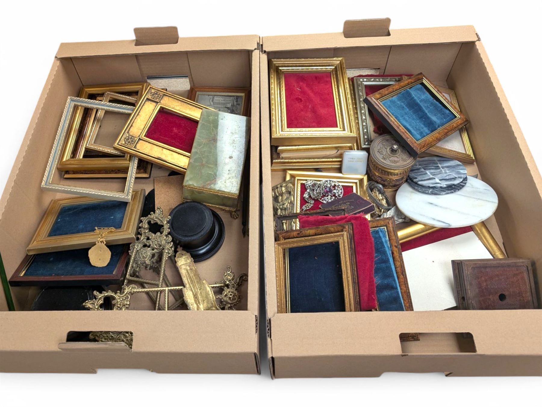 Brass easels, onyx box, frames, costume jewellery, pen nibs, etc, in two boxes