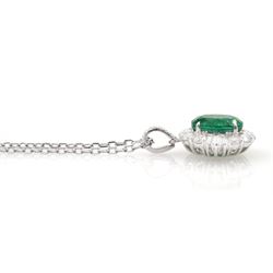 18ct white gold oval cut emerald, round and tapered baguette cut diamond pendant necklace, emerald 1.19 carat, total diamond weight 0.88 carat, with World Gemological Institute report
