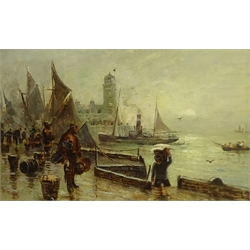  William Midgley (British fl.1890-1933): 'Landing the Catch Scarborough', oil on panel signed, titled and dated 1889 on the slip 29cm x 47cm  