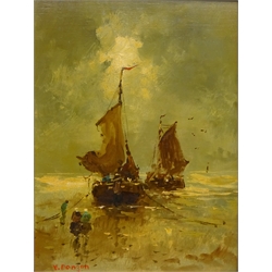  Fishing Boats on the Shoreline, Dutch 20th century oil on  panel signed Van Dongan 39cm x 29cm  