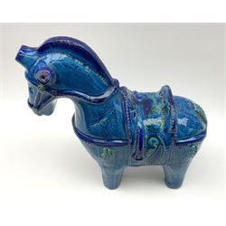Aldo Londi for Bitossi, Rimini Blu pottery horse, with having incised decoration, marked beneath, H31cm.