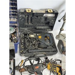 Performance Pro router with accessories, cased; DeWalt drill, two angle grinders with bits, biscuit jointer, bench grinder, scroll saw, heat gun, drills and other