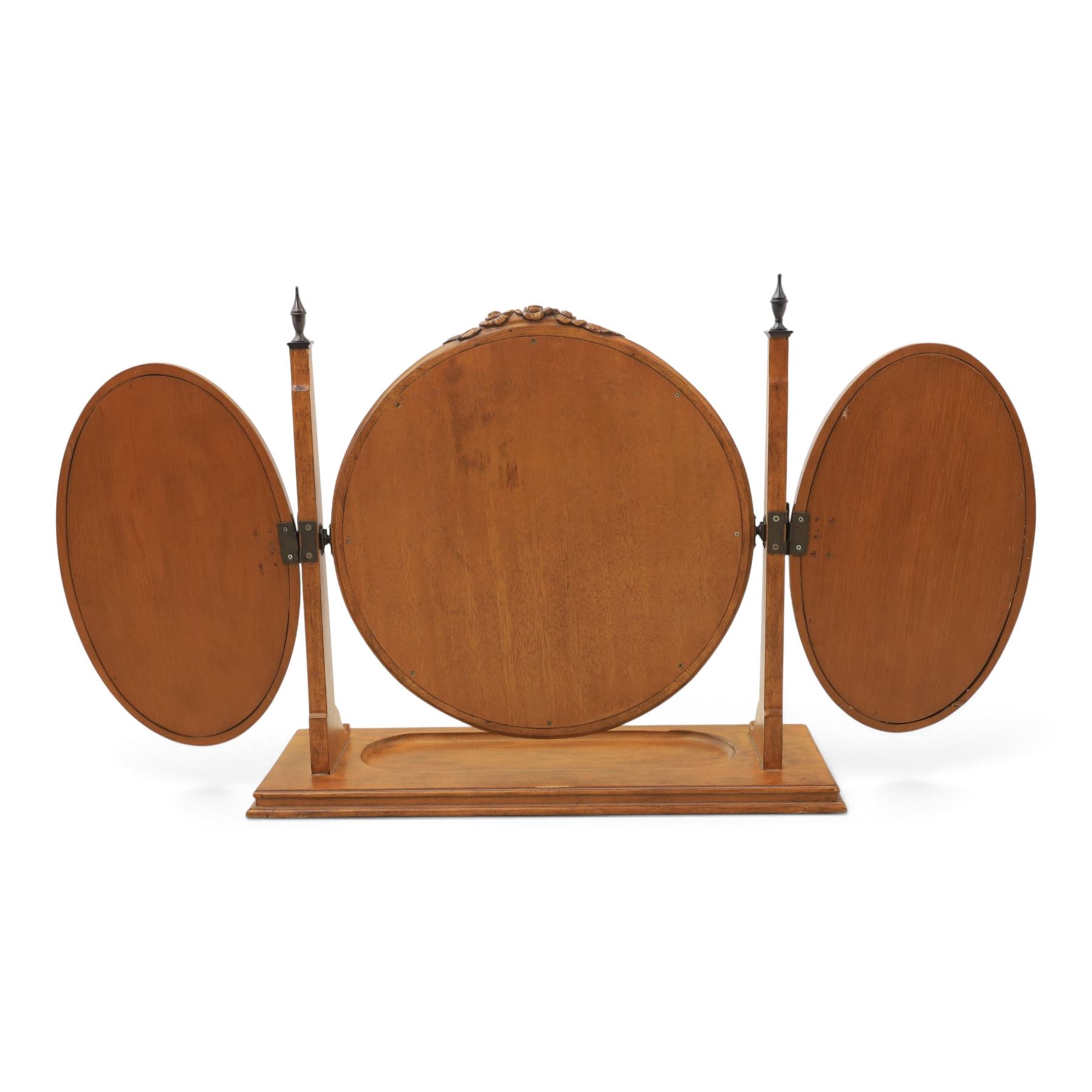 And So To Bed - 'Louis XV' triple dressing table mirror, central circular bevelled mirror, enclosed by parcel gilt with carved edge, flanked by two oval mirrors, the base with a well for trinkets 