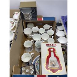Commemorative Bell's Whiskey porcelain  decanter sealed with contents, together with a selection of other commemorative ware, nineteen Wedgwood calendar plates and other decorative plates and tea wares, three boxes.   