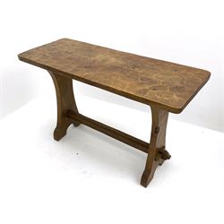 ‘Gnomeman’ adzed oak side table, rectangular top on shaped end supports joined by pegged stretcher, sledge feet, carved with gnome signature, by Thomas Whittaker of Littlebeck