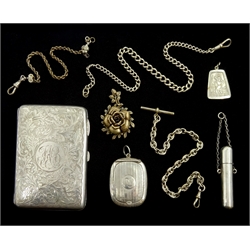 Silver snuff box by Adie & Lovekin Ltd, Birmingham 1920, Victorian silver anchor link T bar chain with clip by E Whitehouse & Son, Birmingham 1896,   silver case with interior organiser, silver cheroot holder, pendant, silver tapering chain chain etc, all hallmarked or tested