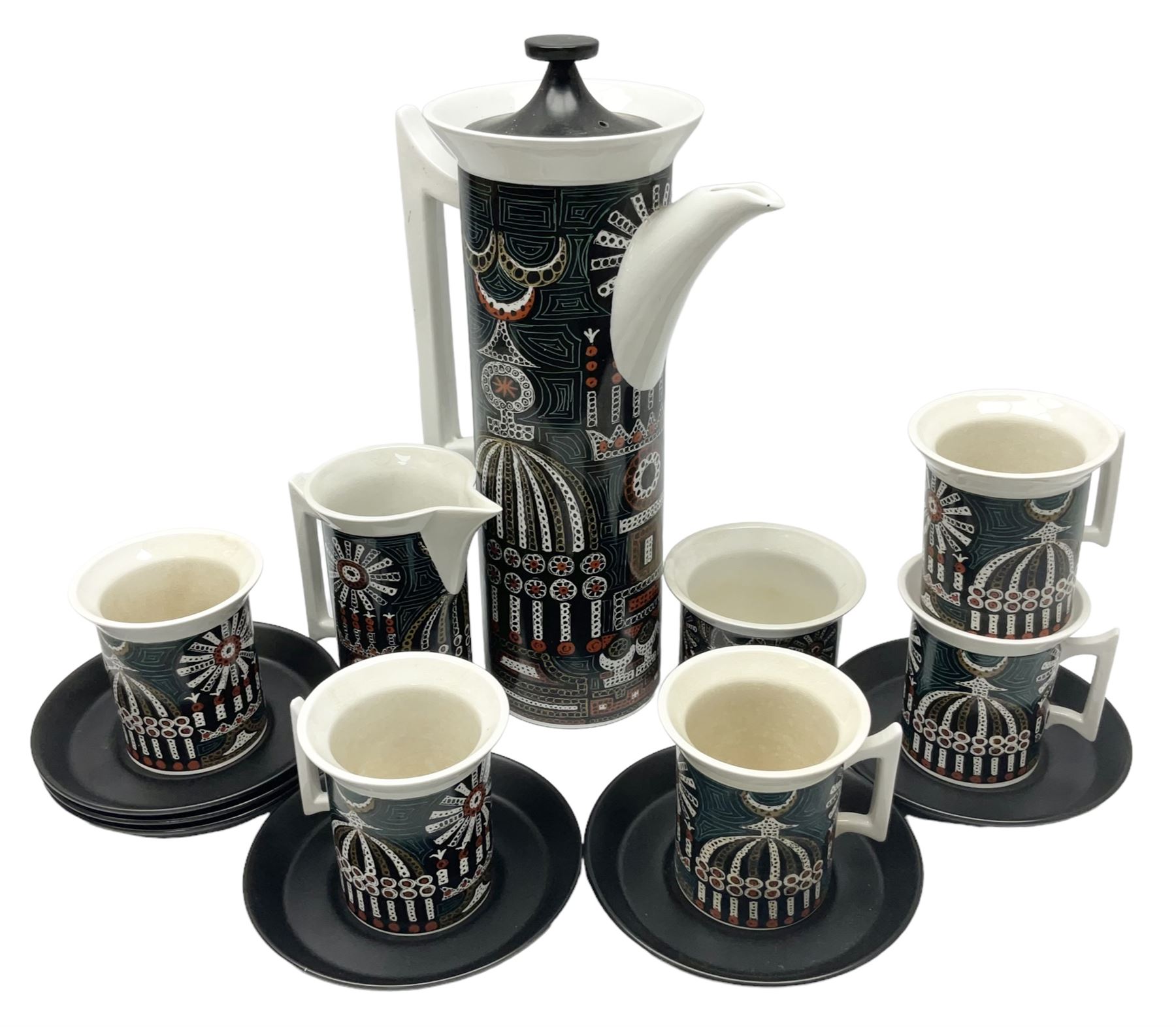 Susan Williams Ellis for Portmeirion 'Magic City' part coffee service, comprising five cups, six saucers, sugar bowl, milk jug and coffee pot
