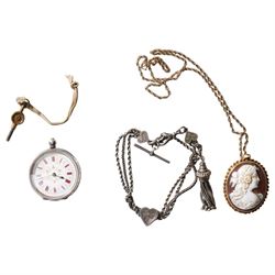Gold mounted cameo pendant on rope twist chain necklace, both 9ct, early 20th century silv...