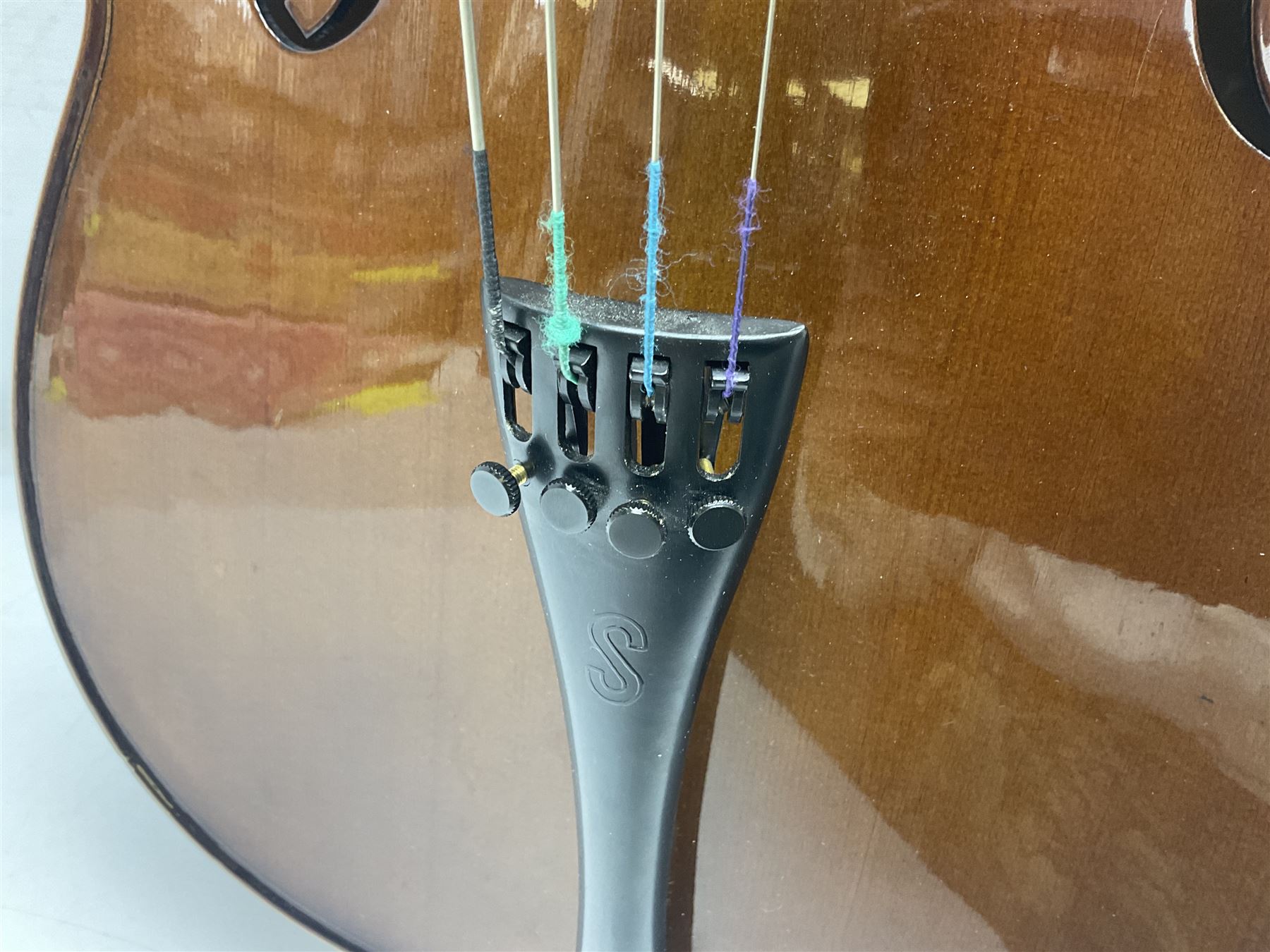 Stentor Student I quarter-size cello with 59.5cm two-piece maple back and ribs and spruce top; bears maker's label with serial no.M072648 L95.5cm overall; in Stentor soft carrying case with bow