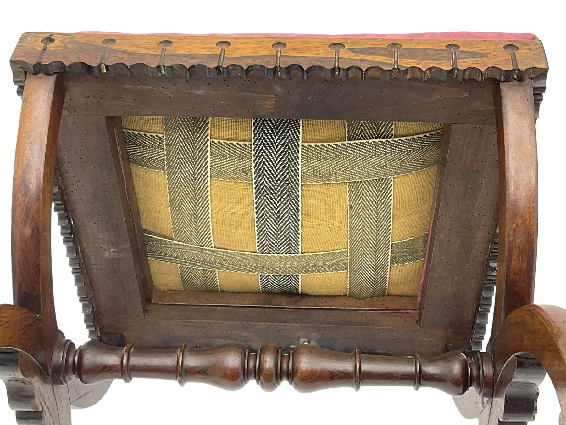 20th century mahogany rectangular footstool, needlework upholstered drop-in seat, on ball and claw carved feet (W81cm, D35cm, H34cm); 19th century elm stool, needlework upholstered drop-in seat, on square moulded supports united by plain stretchers (W45cm); 19th century walnut stool, shaped top upholstered in needlework, on cabriole supports (W50cm); 19th century rosewood stool, upholstered drop-in seat, on curved x-framed supports united by turned stretcher (W47cm)
