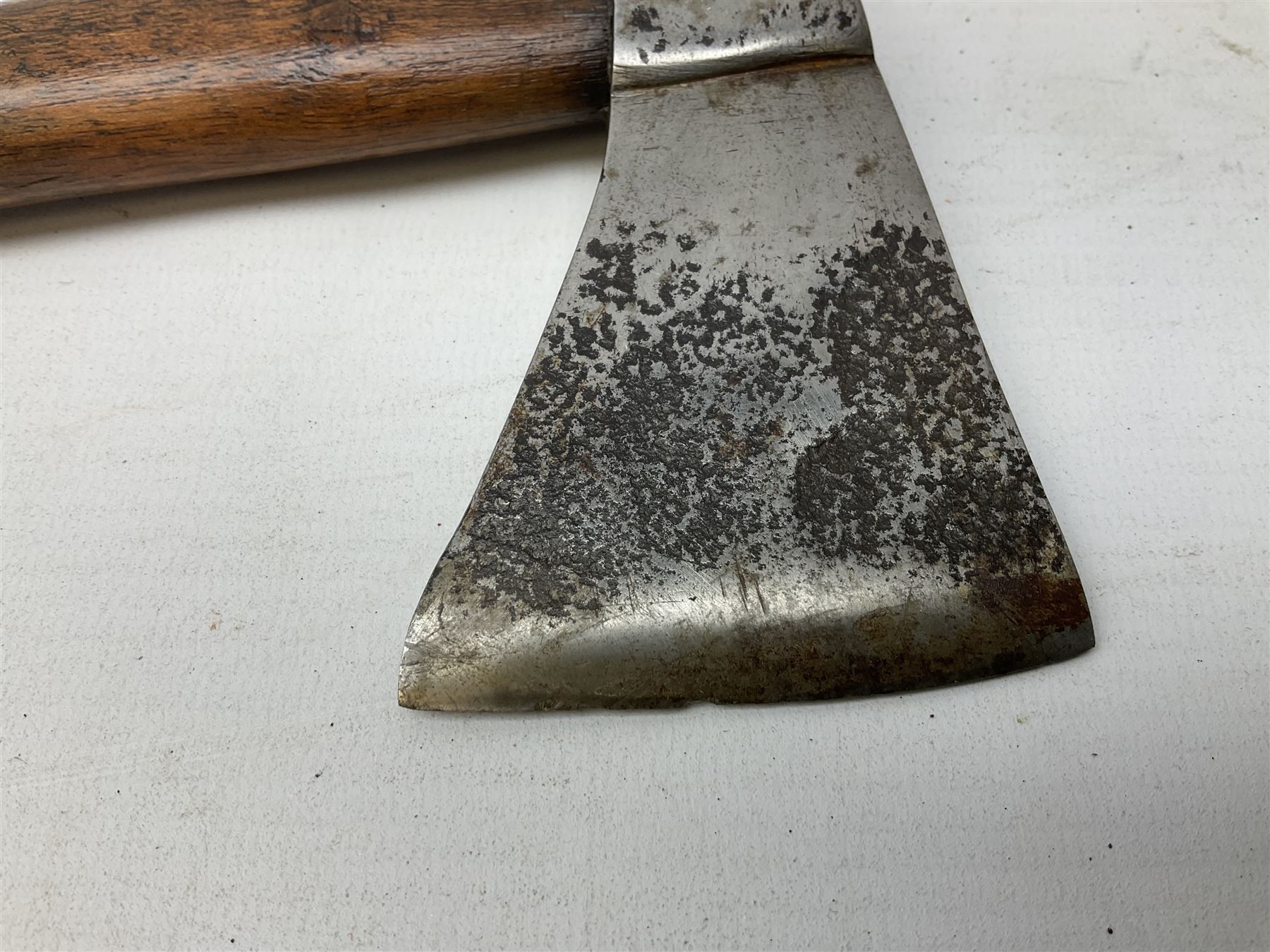 Early 20th century ceremonial Tomahawk pipe, steel axe head with pipe bowl, drilled drawing shaft, 46cm