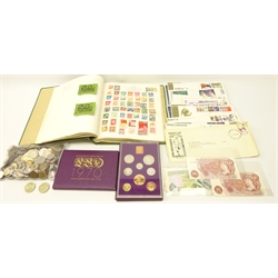  Collection of Great British and World, coins, stamps and banknotes including two pages of Chinese stamps, Queen Victoria and later Great British stamps, FDCs, two 1970 coinage of Great Britain sets, two 1989 two pound coins, two FForde ten shilling banknotes, '68Y' and 'C84N',  Jersey one pound banknote, world banknotes, World coins etc   