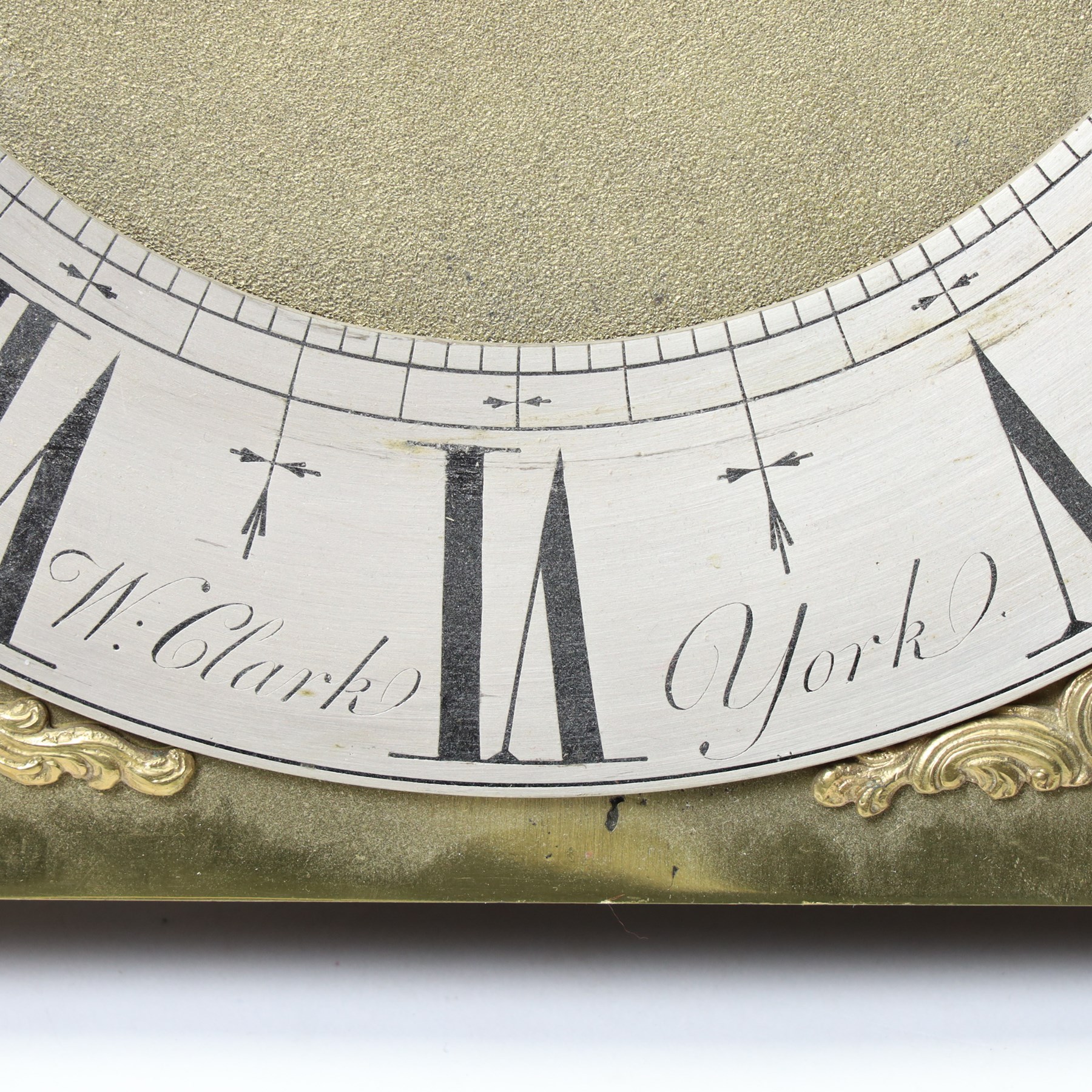 18th century longcase clock eight day movement with  an earlier brass dial and 30 hour chapter ring by William Clark, York with bell strike 28cm 