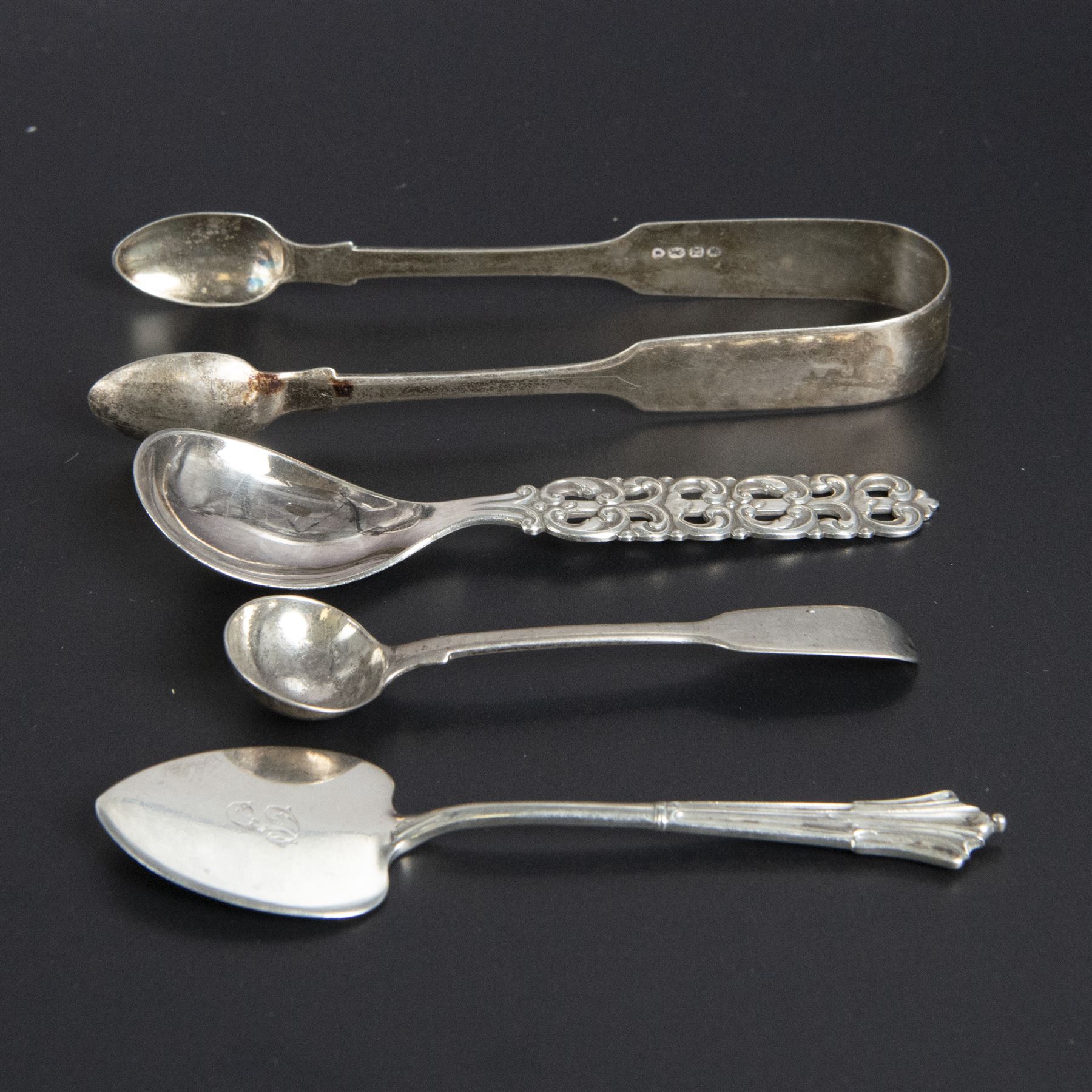 Five silver napkin rings, including pair of 1930s oval examples, with engine turned decoration with engraved initial, together with a collection of silver flatware, including Norwegian spoon, pair of Fiddle pattern mustard spoons, five seal top coffee spoons, etc, all stamped or hallmarked