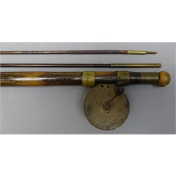  Solid wood three piece Trout Fishing Rod approx 7ft, with brass ferrules & a small brass single handled reel  