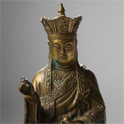 Chinese cast bronze figure of Ksitigarbha, wearing a five-pointed crown and monastic robes, H19.5cm