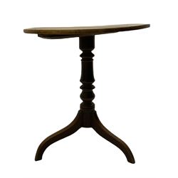 19th century sycamore tripod table, circular fixed top on turned column, three splayed supports