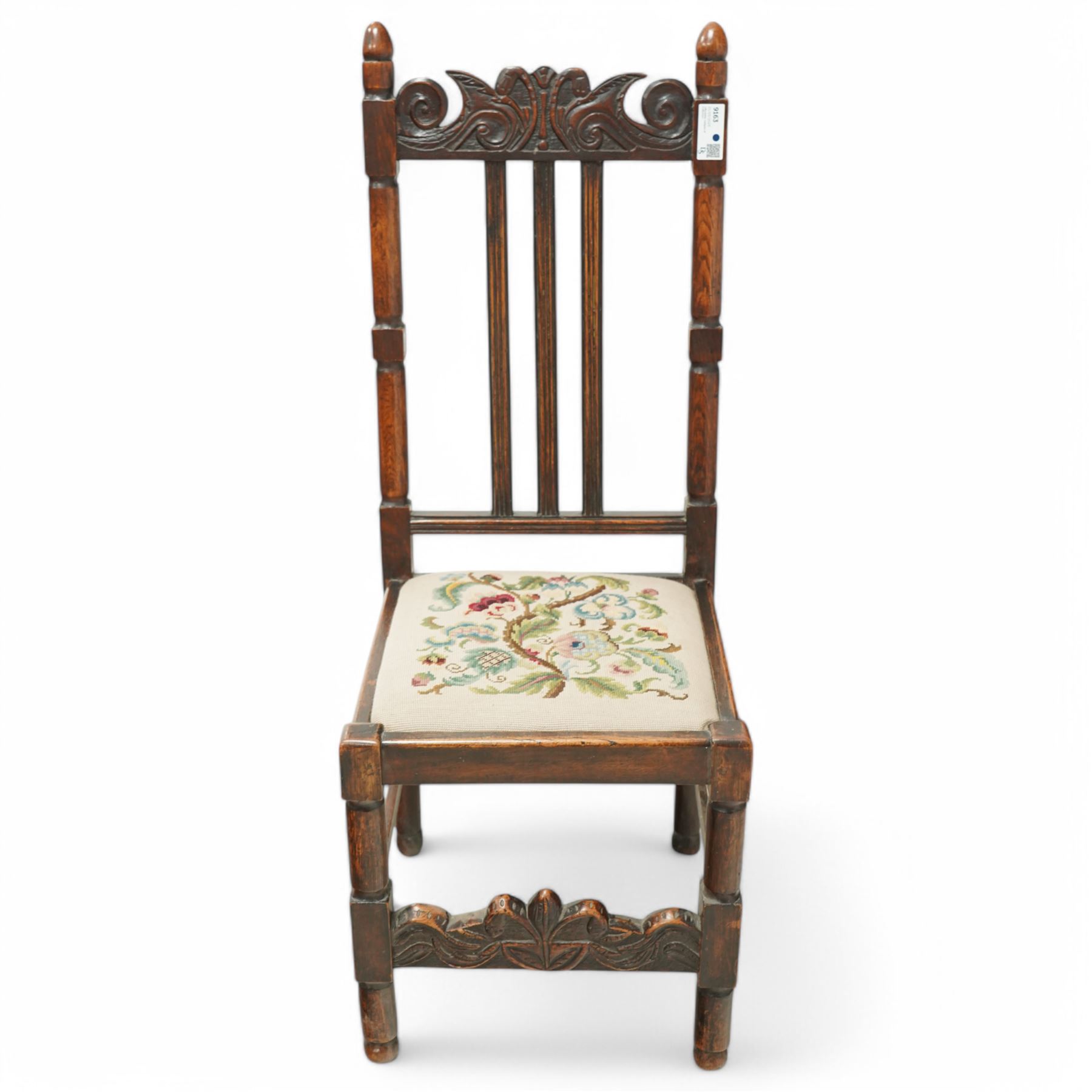 19th century Carolean design oak hall chair with tapestry seat; two Georgian design tripod tables; mahogany shelf (4)