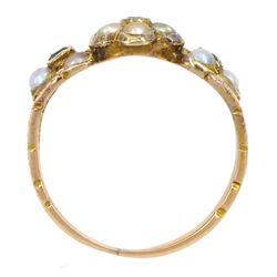 Victorian 15ct gold split pearl and green stone set flower head cluster ring