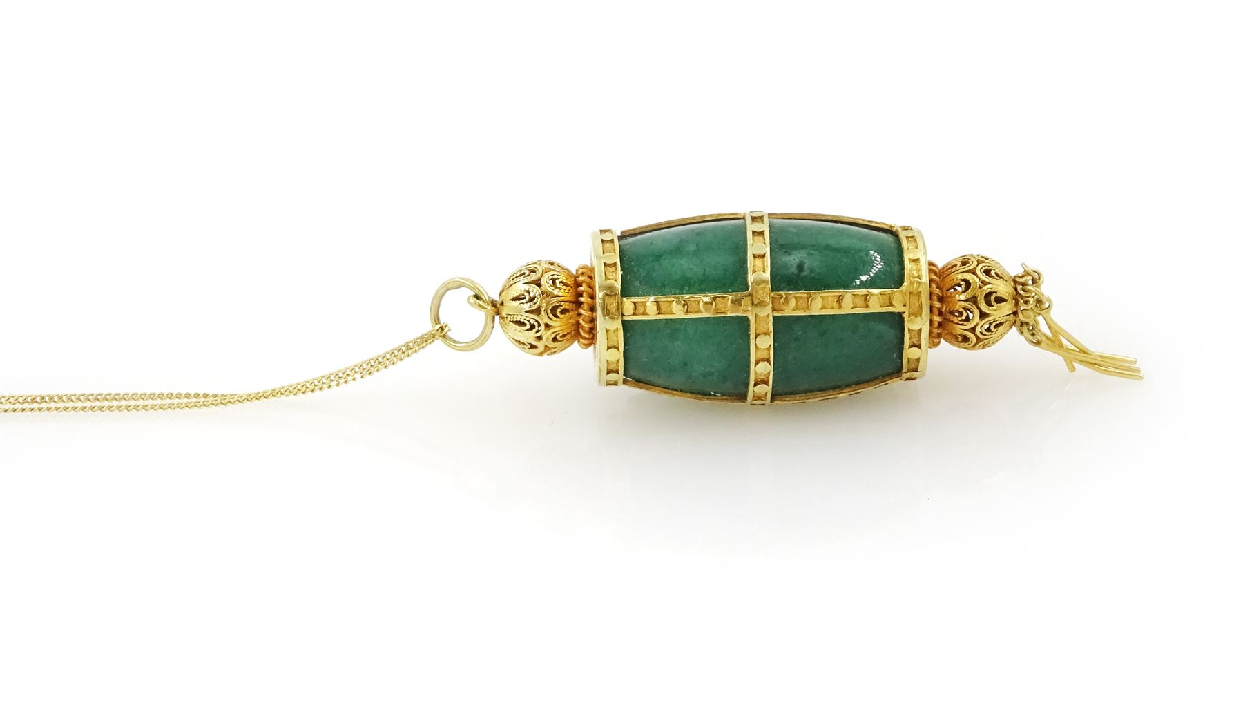 14ct gold jade pendant, with tassel drop, on a 9ct gold trace link chain necklace