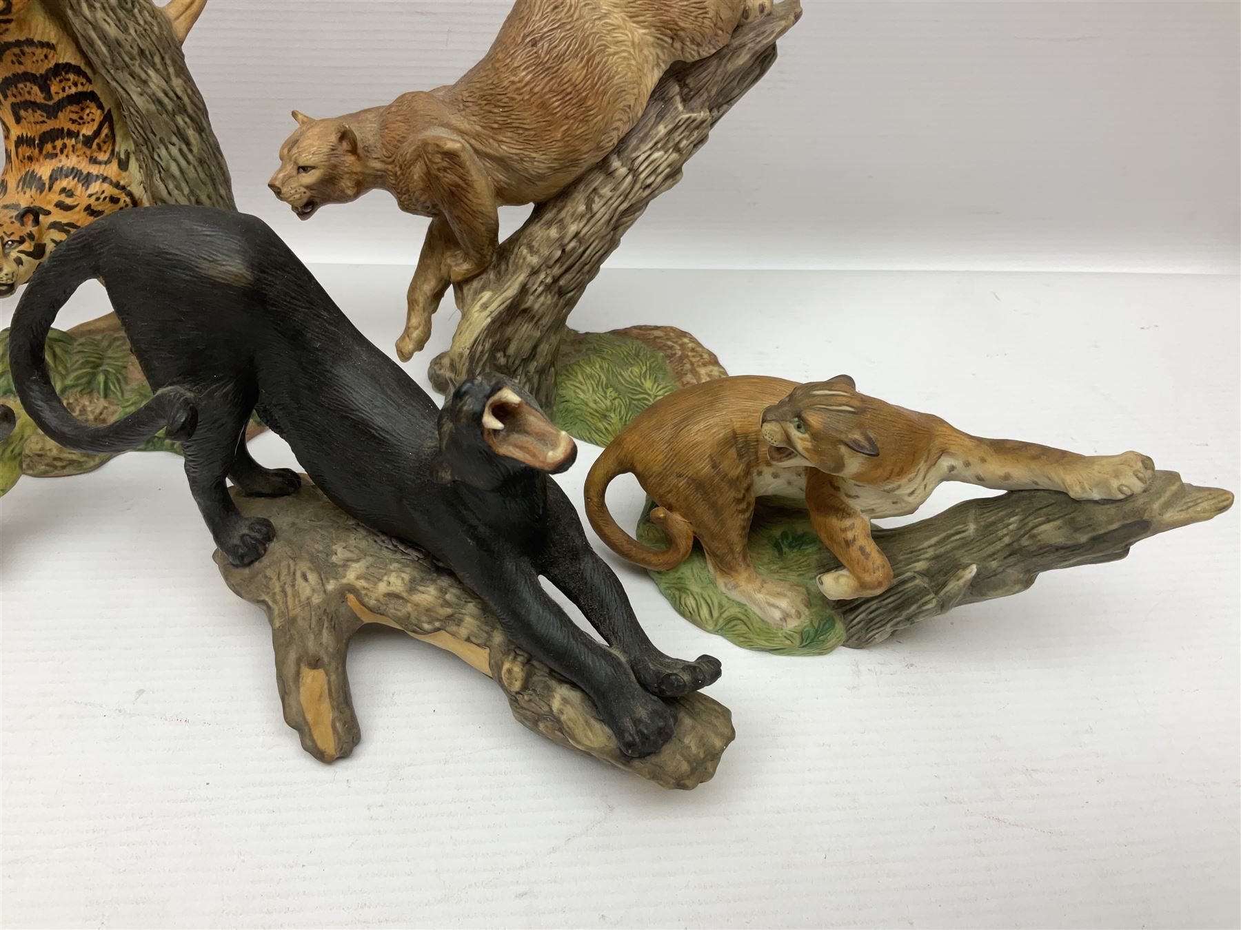 Ten Franklin Mint National wildlife Foundation Big Cats of the World figures to include, White Bengal Tiger, Jaguar, Cougar, Cheetah, Clouded Leopard etc, with display stand