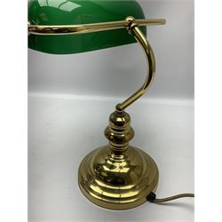 Brass bankers style table lamp with green glass shade, H36cm